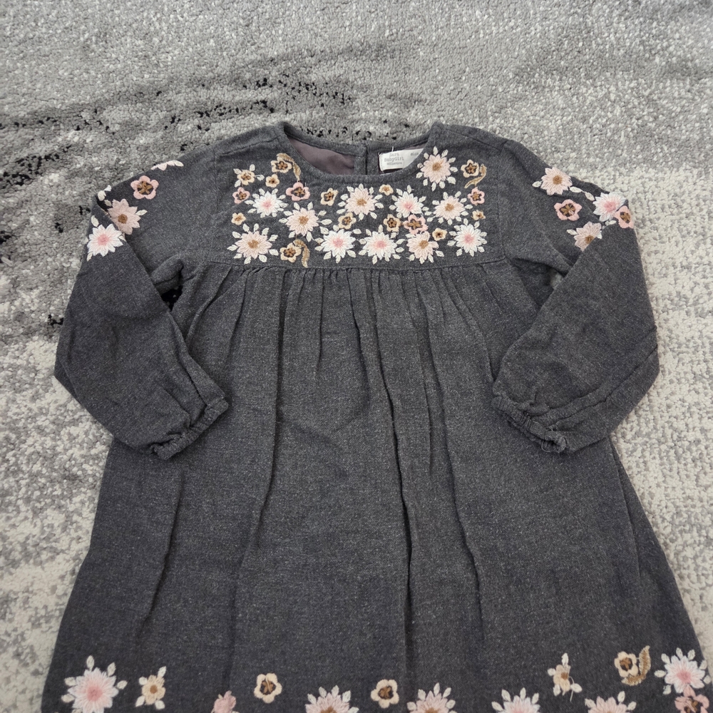Zara Gray Kids Dress with Pink Floral Embroidery